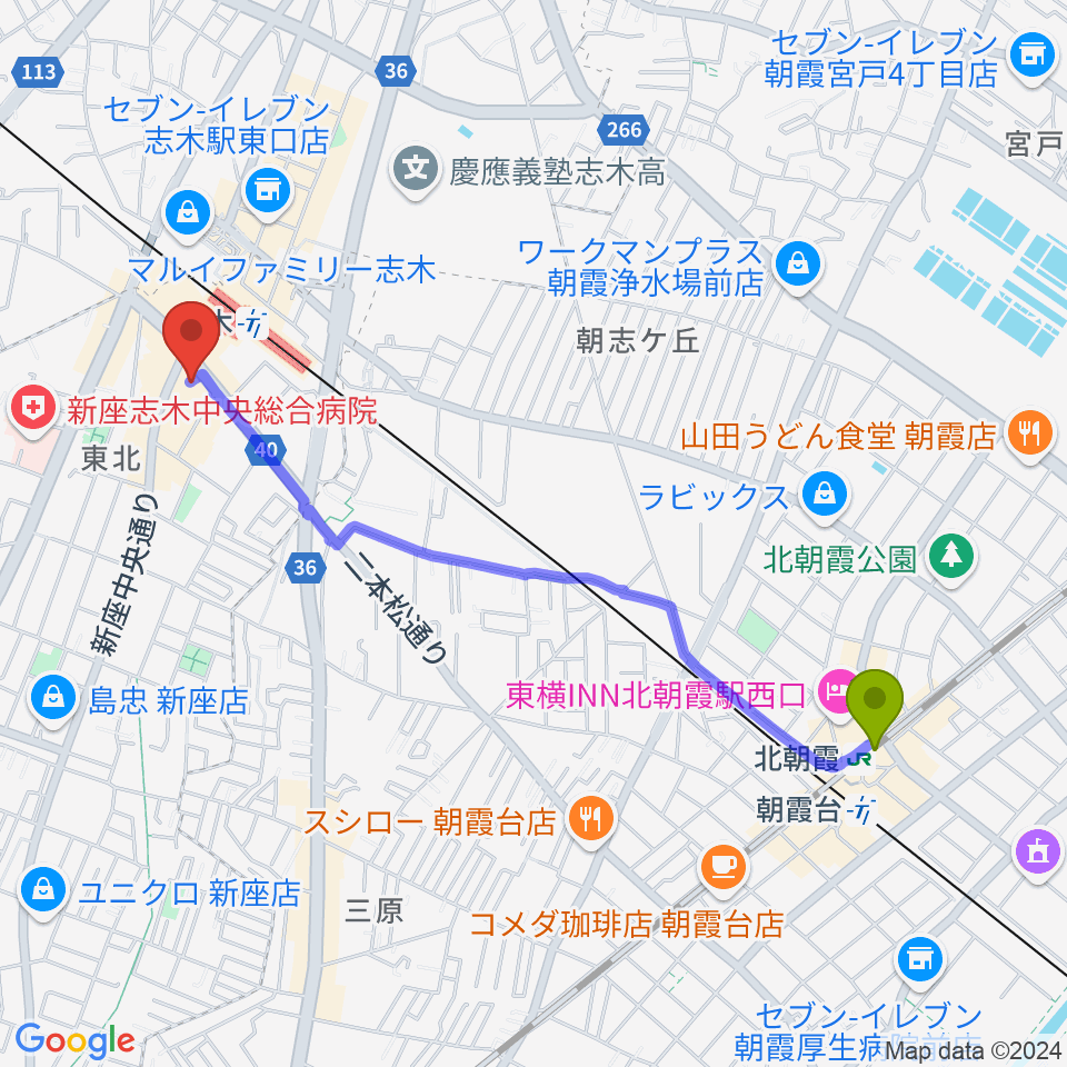 北朝霞駅から森音楽教室ボーカルコースへのルートマップ地図