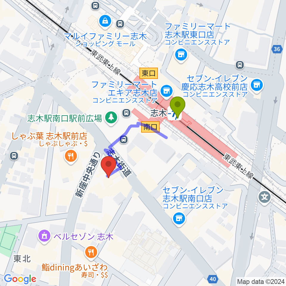 森音楽教室ボーカルコースの最寄駅志木駅からの徒歩ルート（約2分）地図