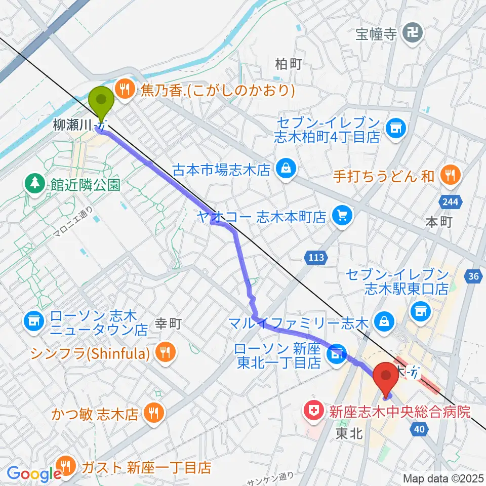 柳瀬川駅から森音楽教室ボーカルコースへのルートマップ地図