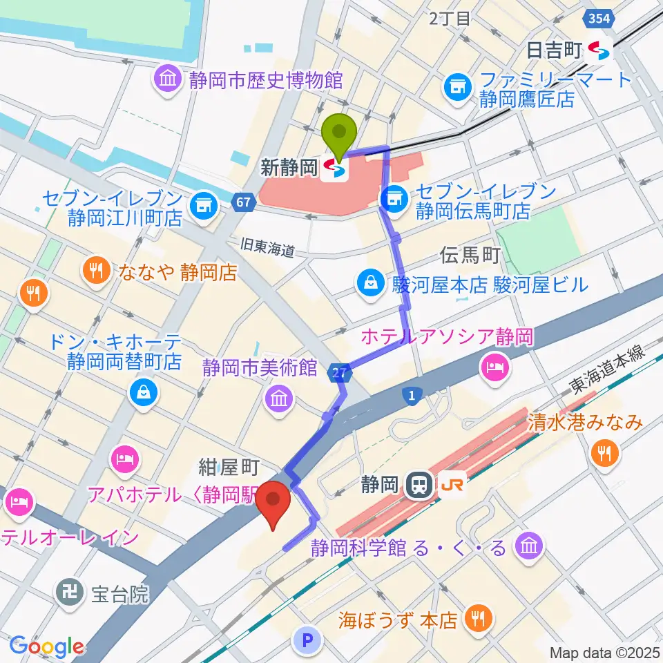 新静岡駅から静岡音楽館AOIへのルートマップ地図