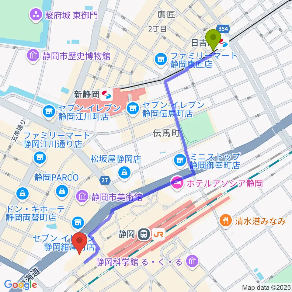 日吉町駅から静岡音楽館AOIへのルートマップ地図