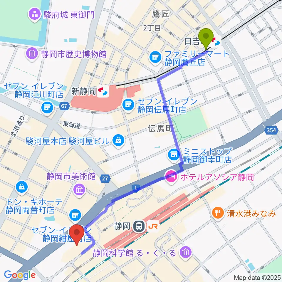 日吉町駅から静岡音楽館AOIへのルートマップ地図