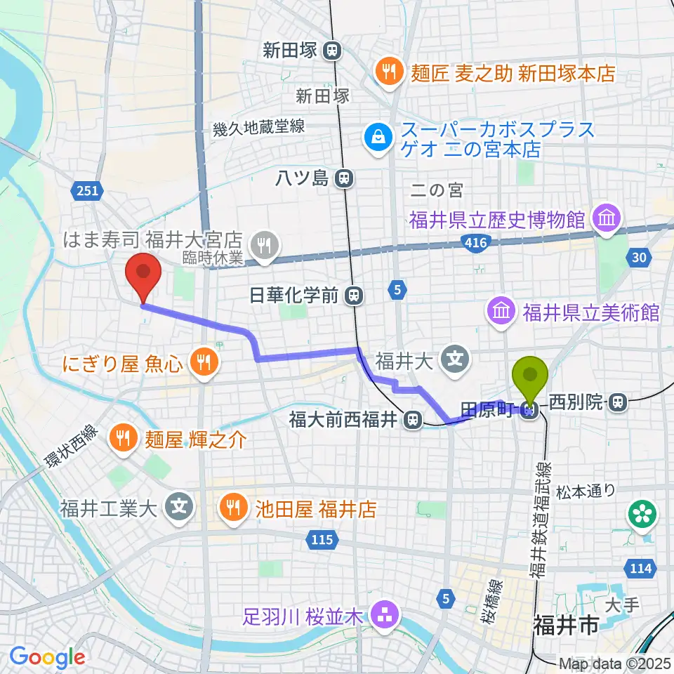 田原町駅から西川音楽教室へのルートマップ地図