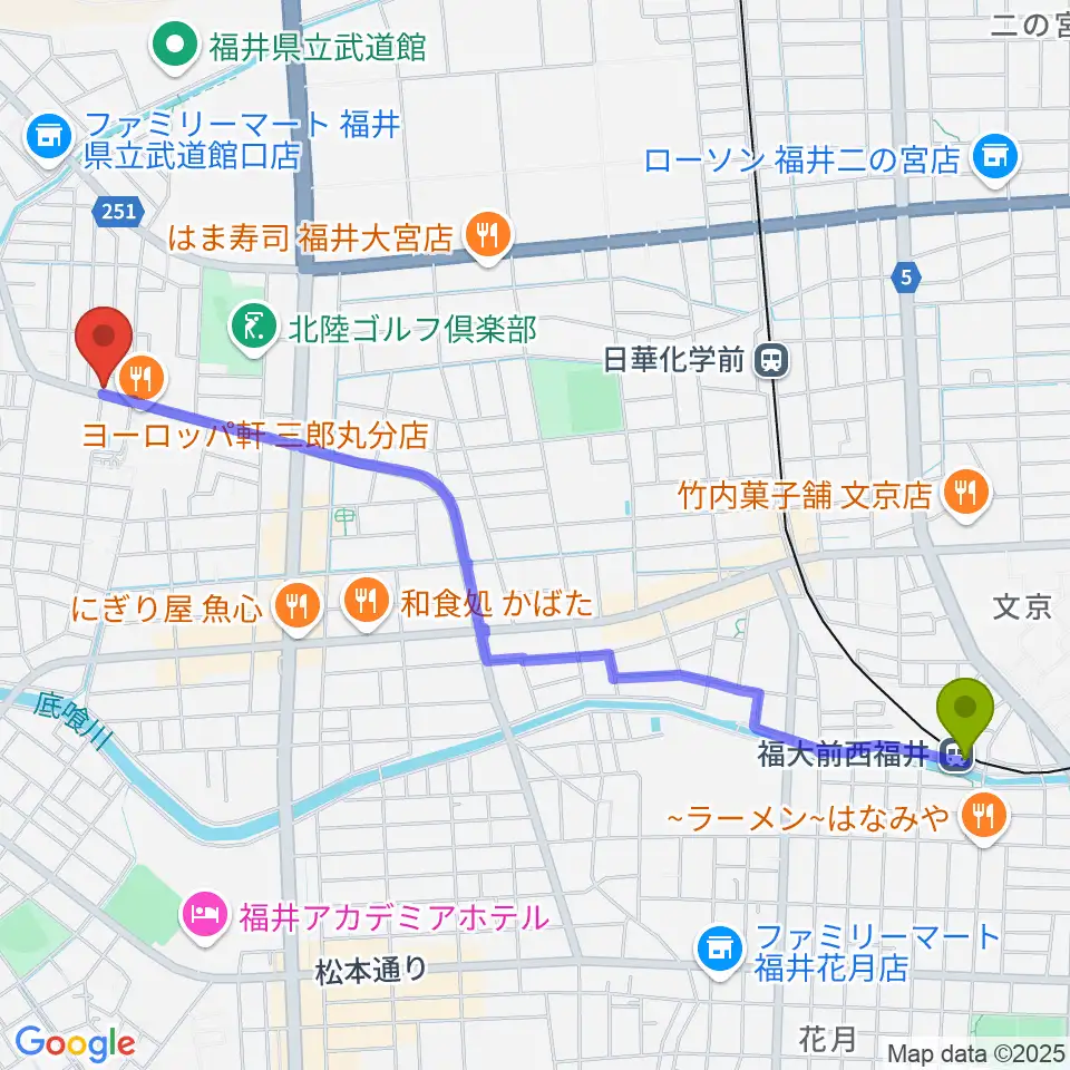 福大前西福井駅から西川音楽教室へのルートマップ地図