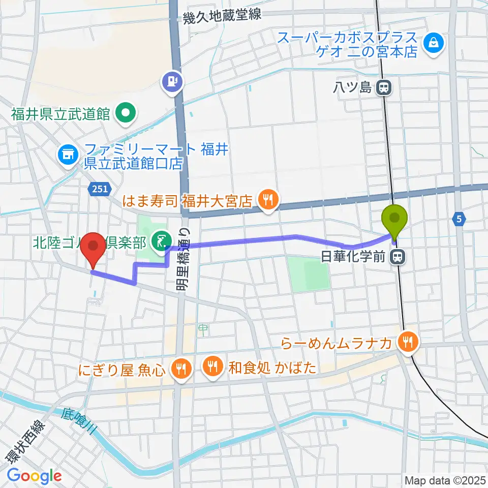 西川音楽教室の最寄駅日華化学前駅からの徒歩ルート（約19分）地図