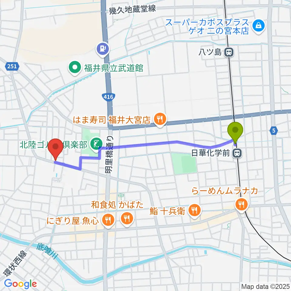 西川音楽教室の最寄駅日華化学前駅からの徒歩ルート（約19分）地図