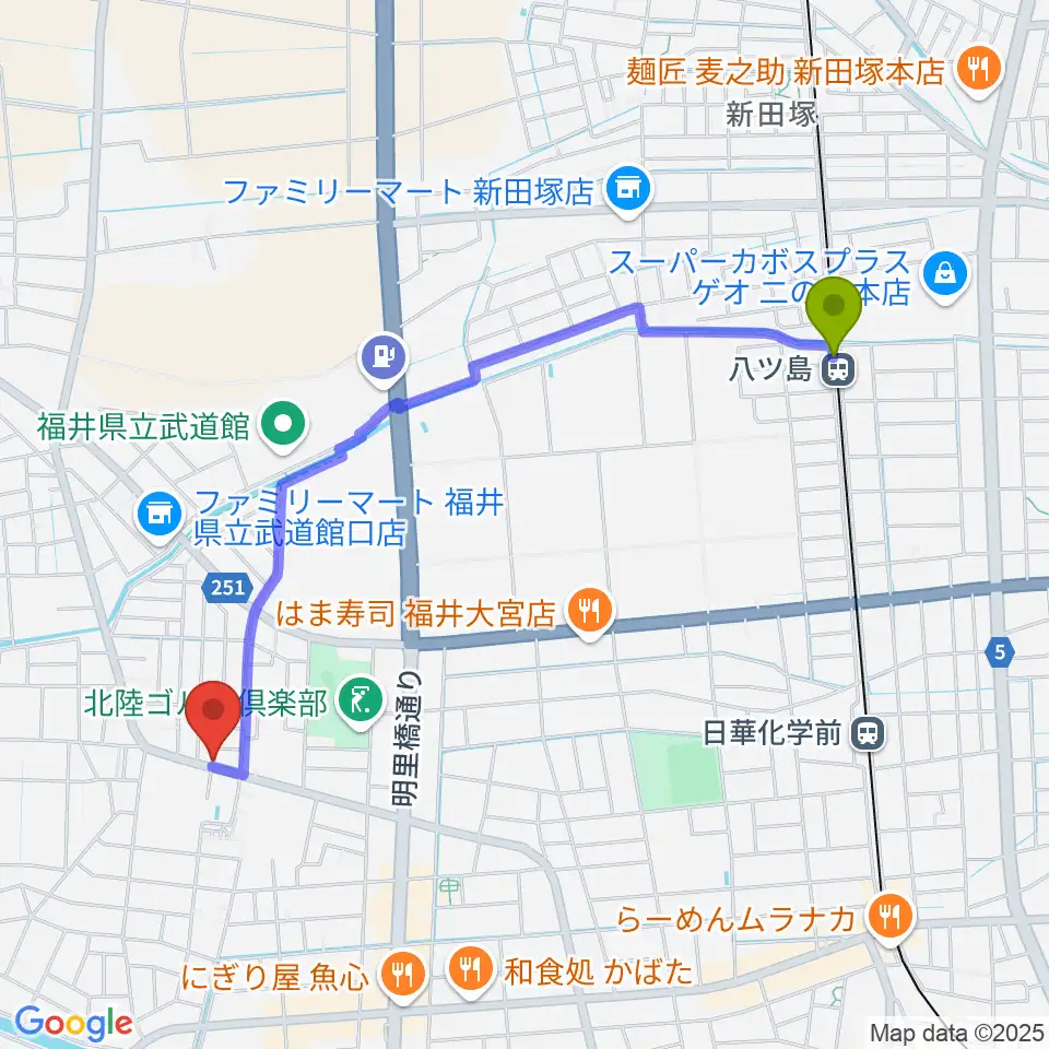 八ツ島駅から西川音楽教室へのルートマップ地図