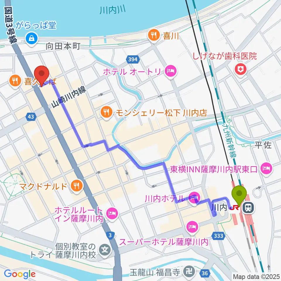 藤井ピアノサービスの最寄駅川内駅からの徒歩ルート（約13分）地図