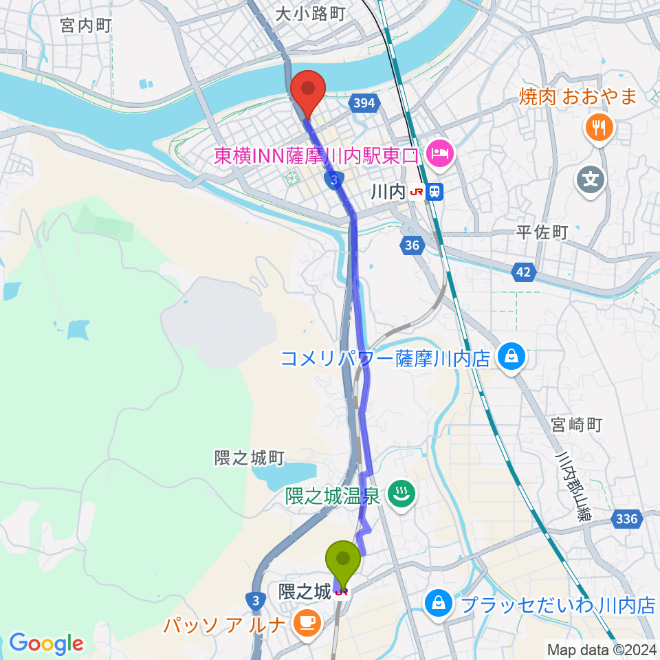 隈之城駅から藤井ピアノサービスへのルートマップ地図