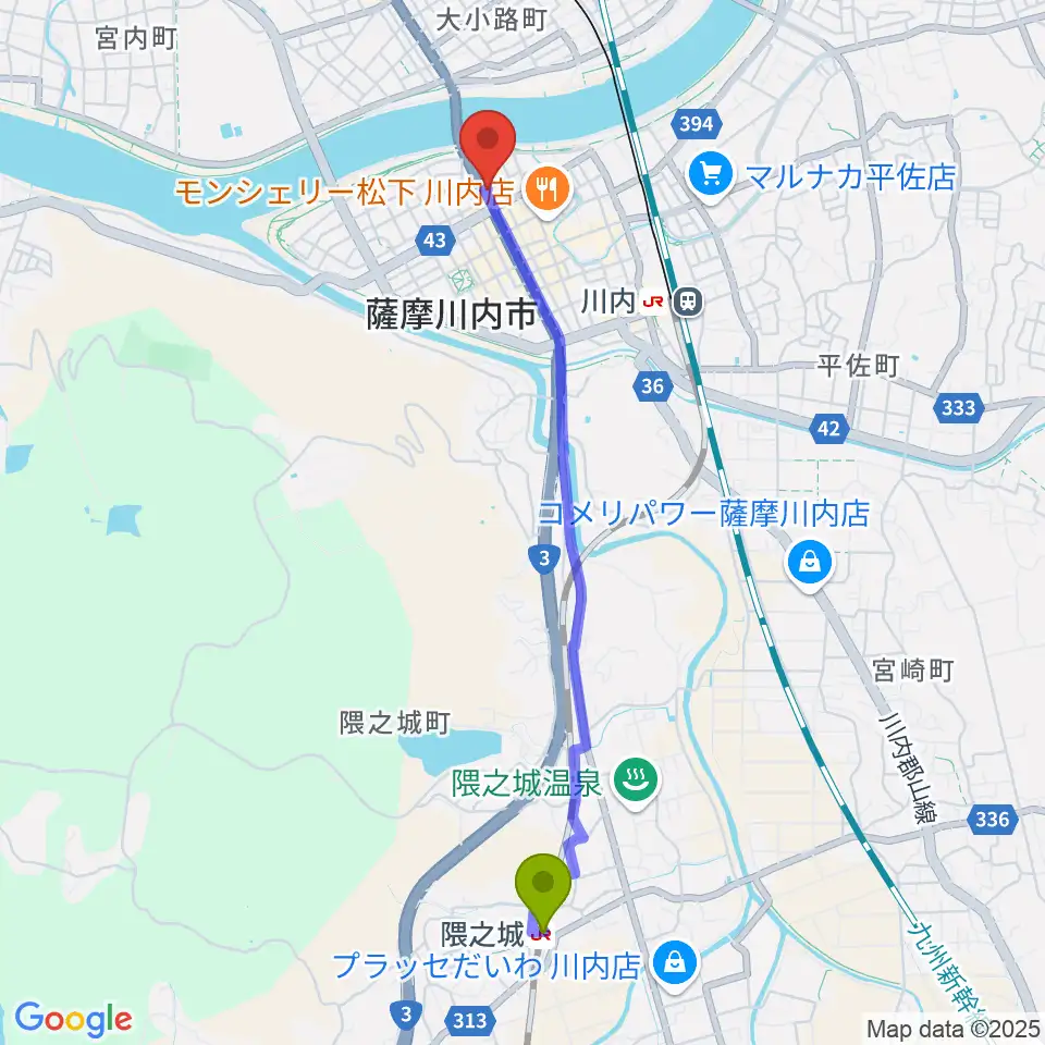 隈之城駅から藤井ピアノサービスへのルートマップ地図
