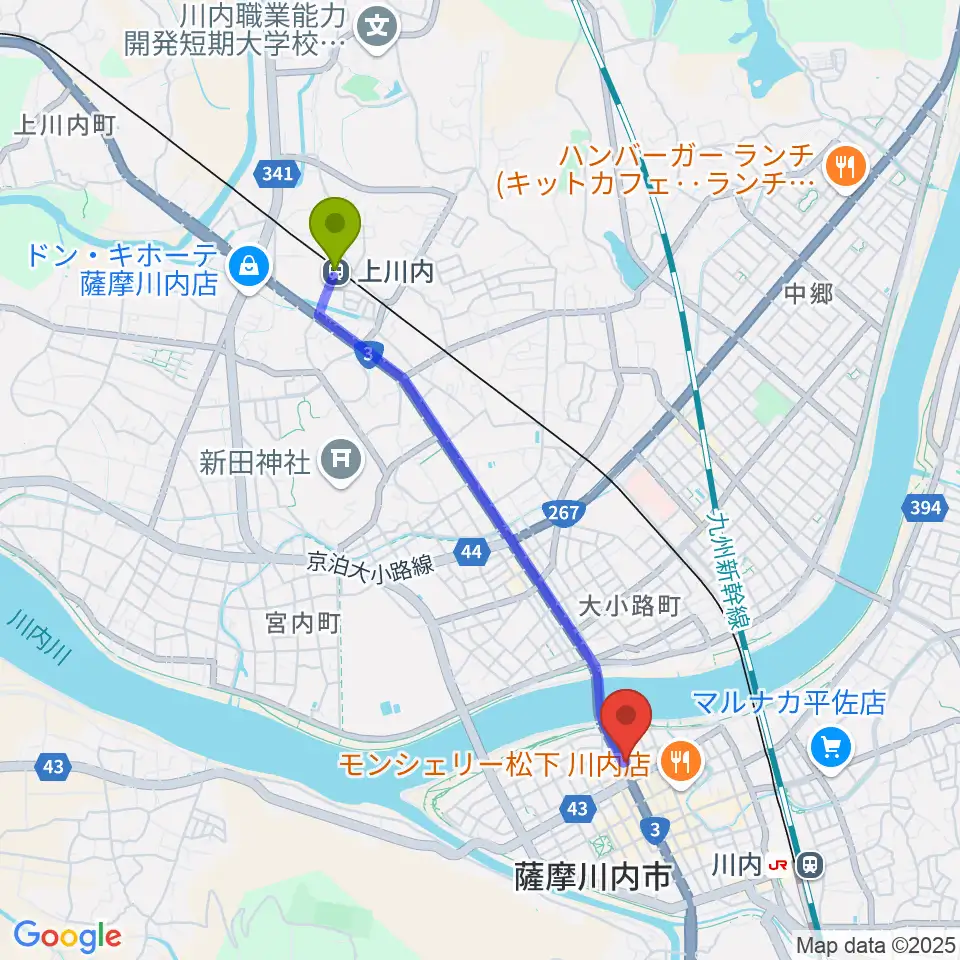 上川内駅から藤井ピアノサービスへのルートマップ地図