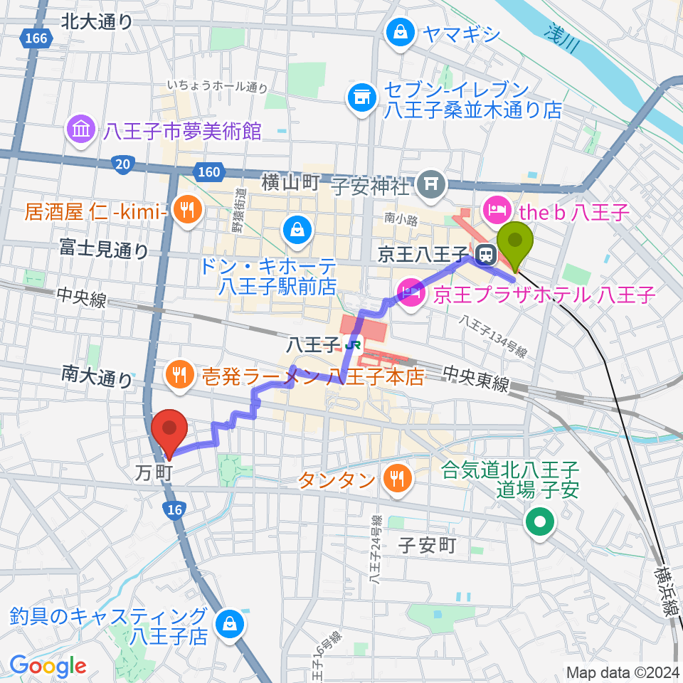 京王八王子駅からギャラリー・スペースことのはへのルートマップ地図