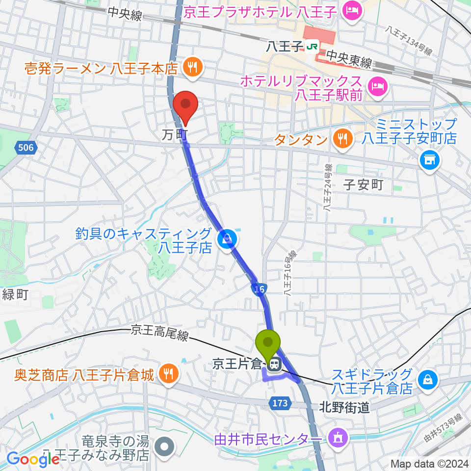 京王片倉駅からギャラリー・スペースことのはへのルートマップ地図