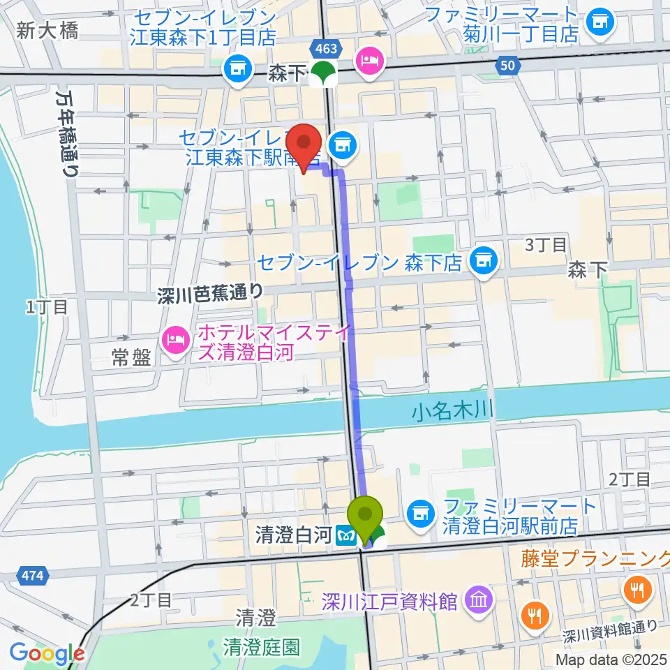 清澄白河駅からシェ・クロードへのルートマップ地図