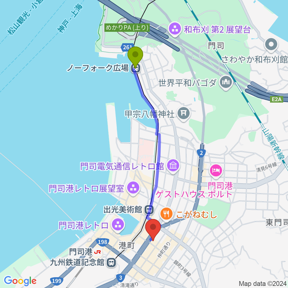 ノーフォーク広場駅から門司港 六曜舘へのルートマップ地図