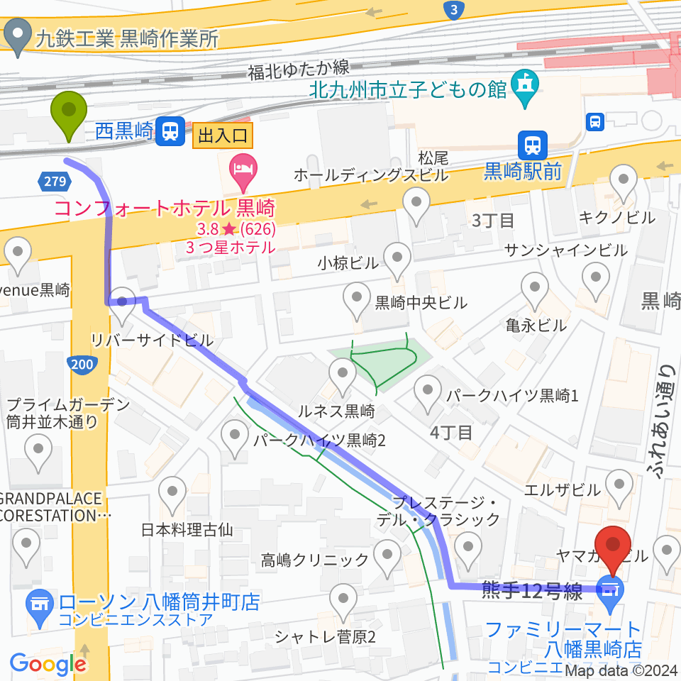 西黒崎駅から黒崎ストロベリーサワーへのルートマップ地図