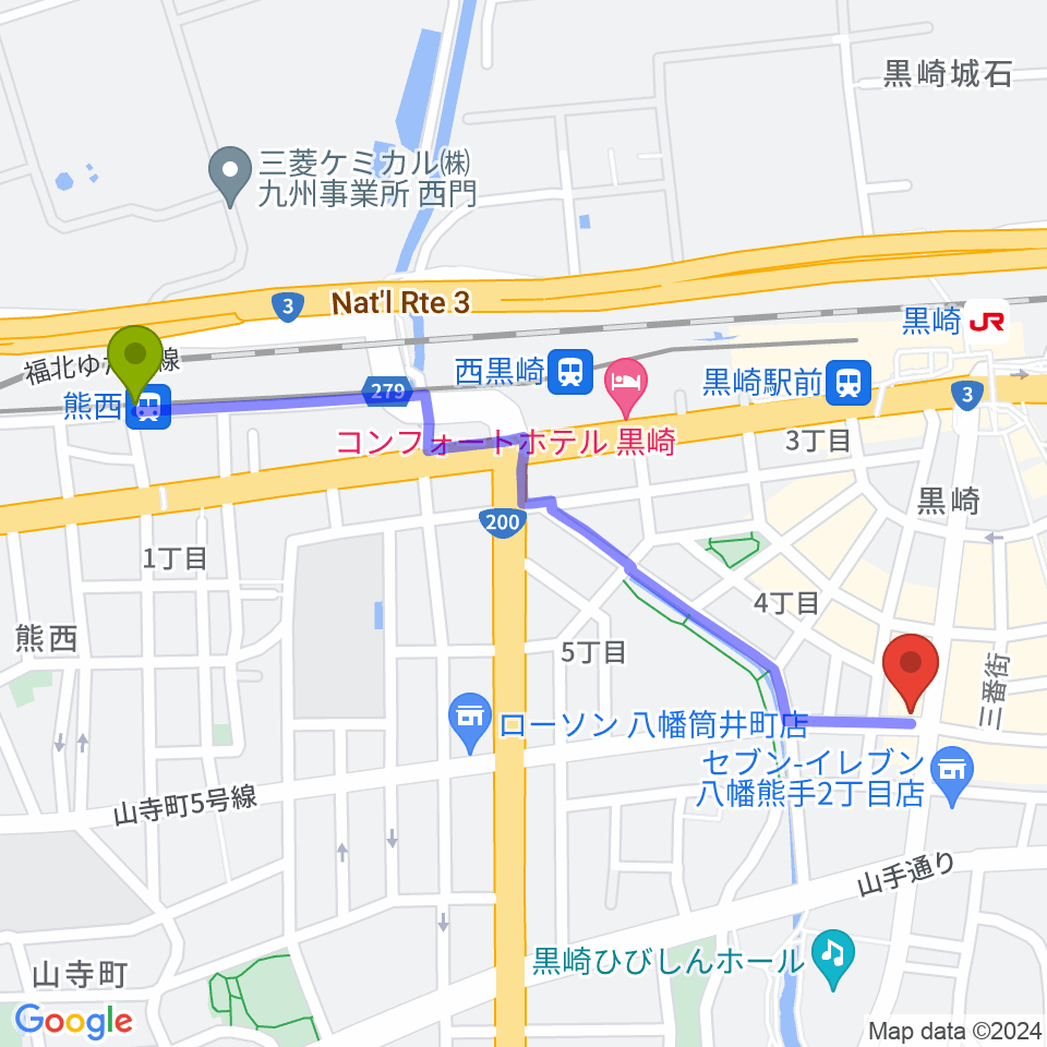 熊西駅から黒崎ストロベリーサワーへのルートマップ地図