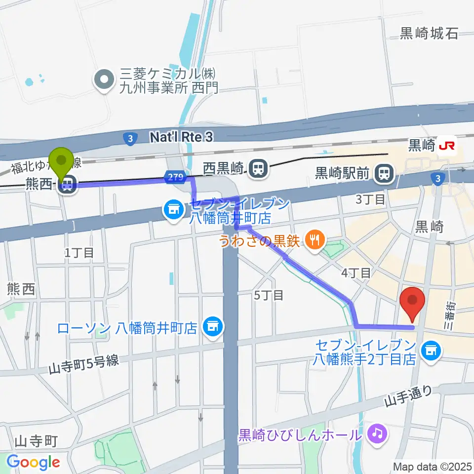 熊西駅から黒崎ストロベリーサワーへのルートマップ地図