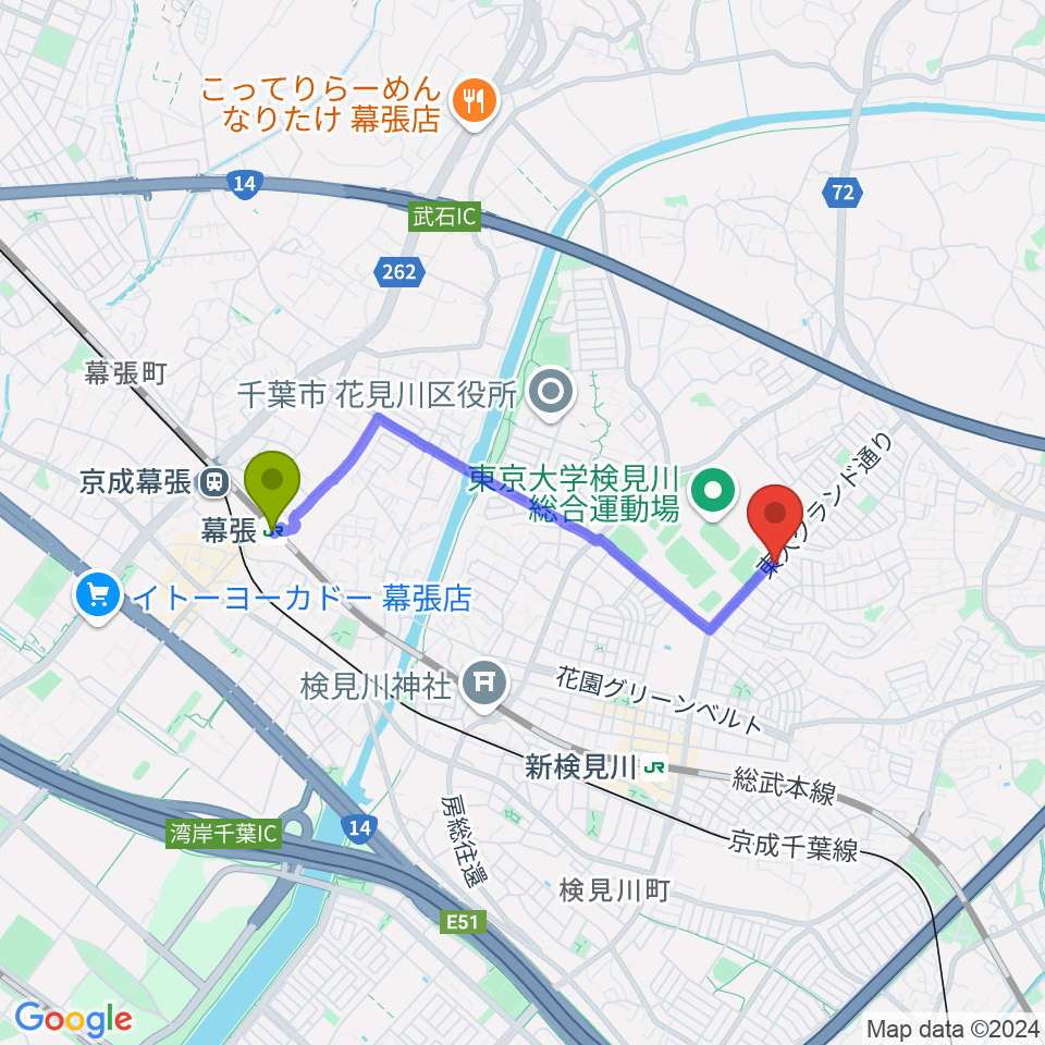 幕張駅からはなみがわ風の丘HALLへのルートマップ地図