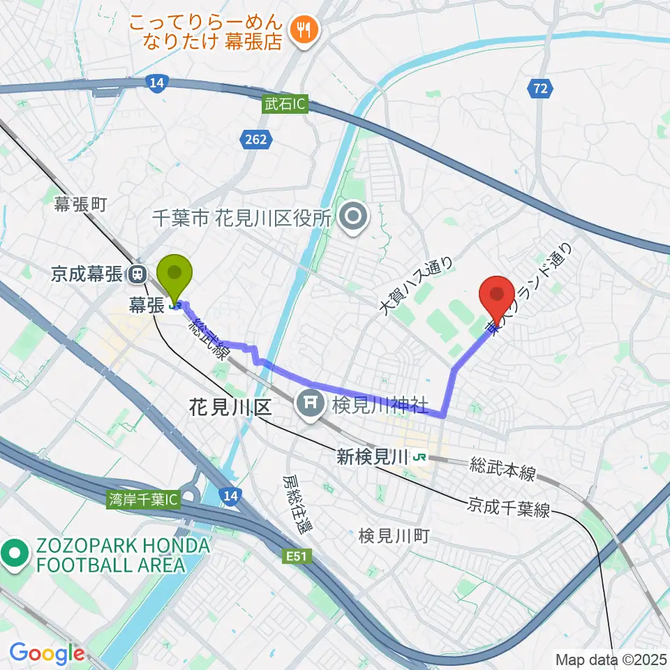 幕張駅からはなみがわ風の丘HALLへのルートマップ地図