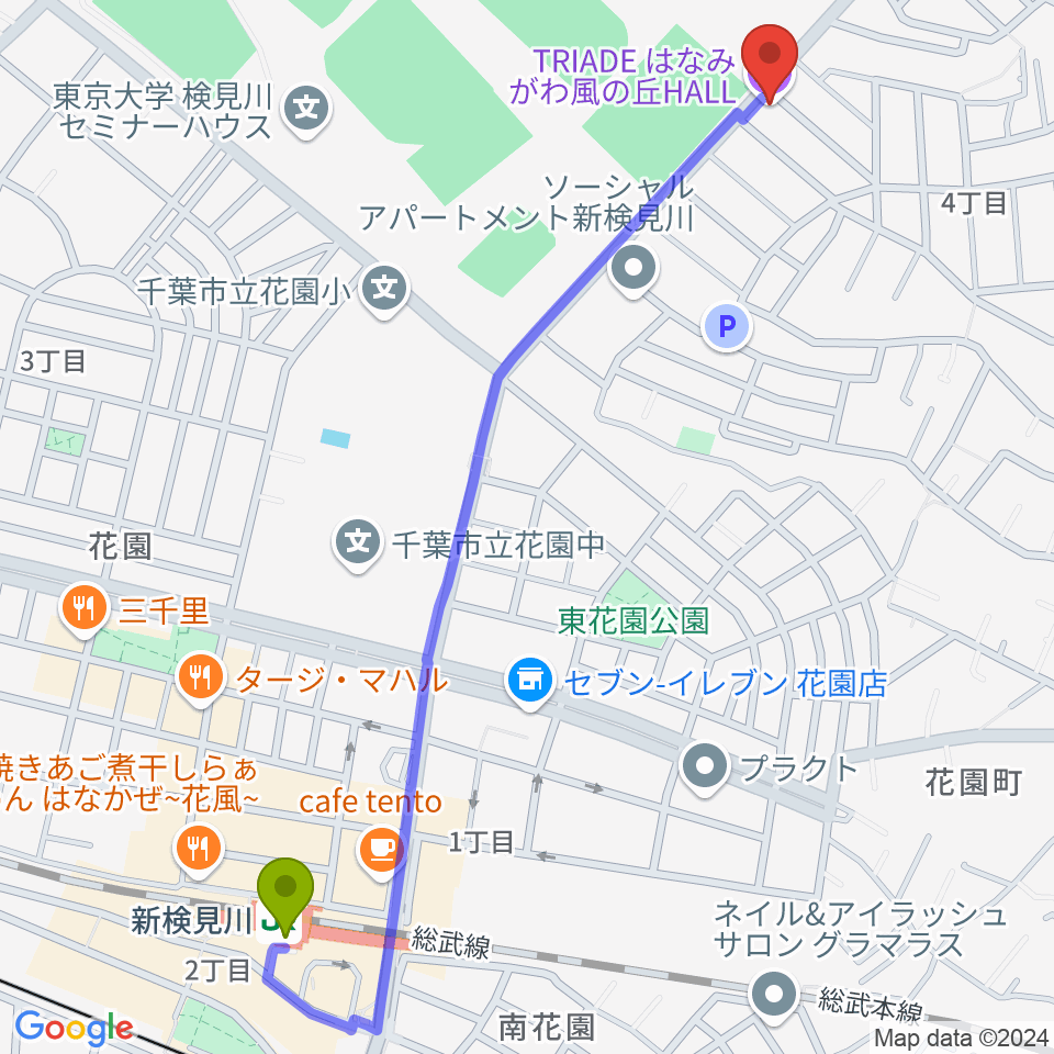 はなみがわ風の丘HALLの最寄駅新検見川駅からの徒歩ルート（約14分）地図