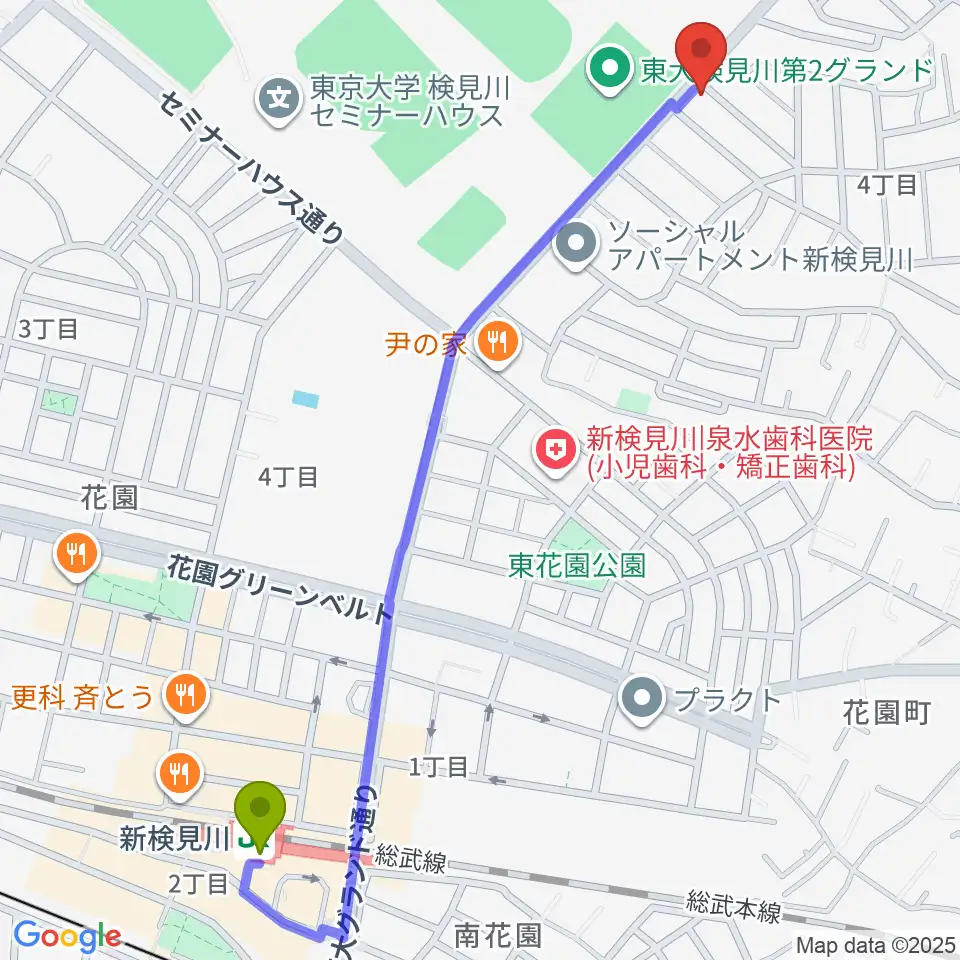 はなみがわ風の丘HALLの最寄駅新検見川駅からの徒歩ルート（約14分）地図