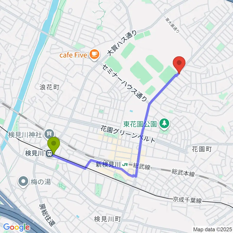 検見川駅からはなみがわ風の丘HALLへのルートマップ地図