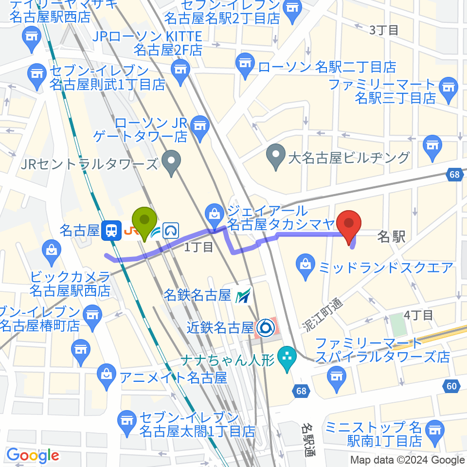 名古屋駅からウインクあいちへのルートマップ地図