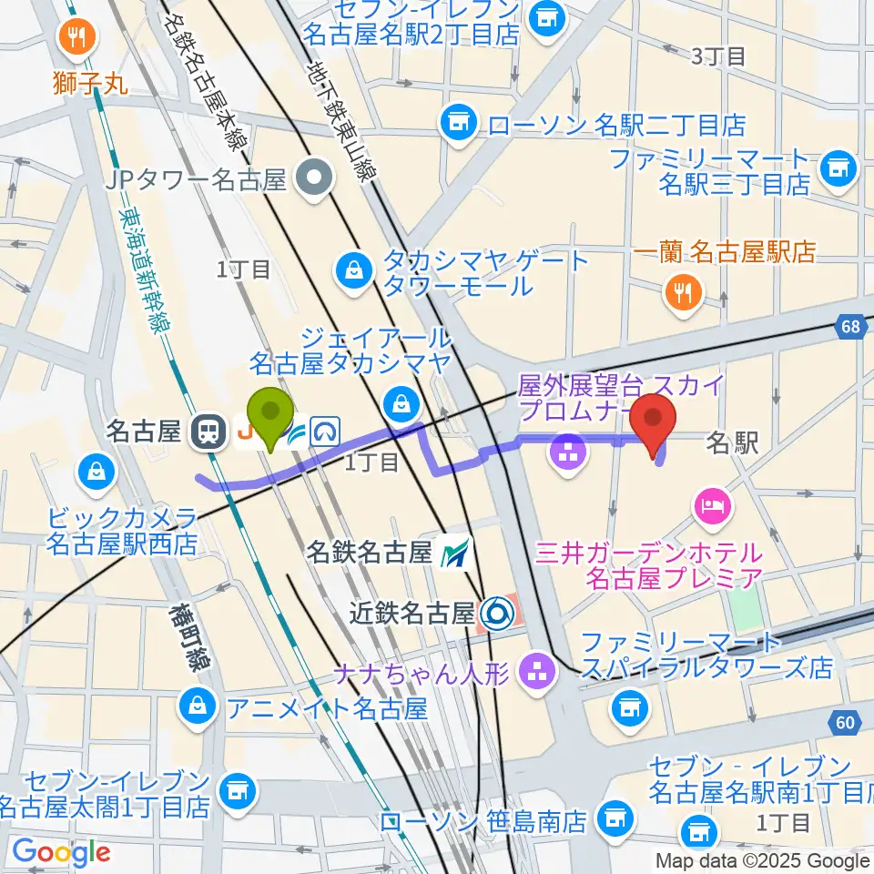名古屋駅からウインクあいちへのルートマップ地図