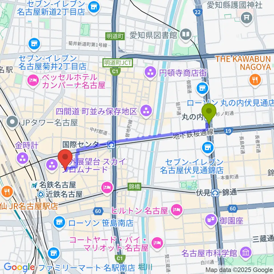 丸の内駅からウインクあいちへのルートマップ地図
