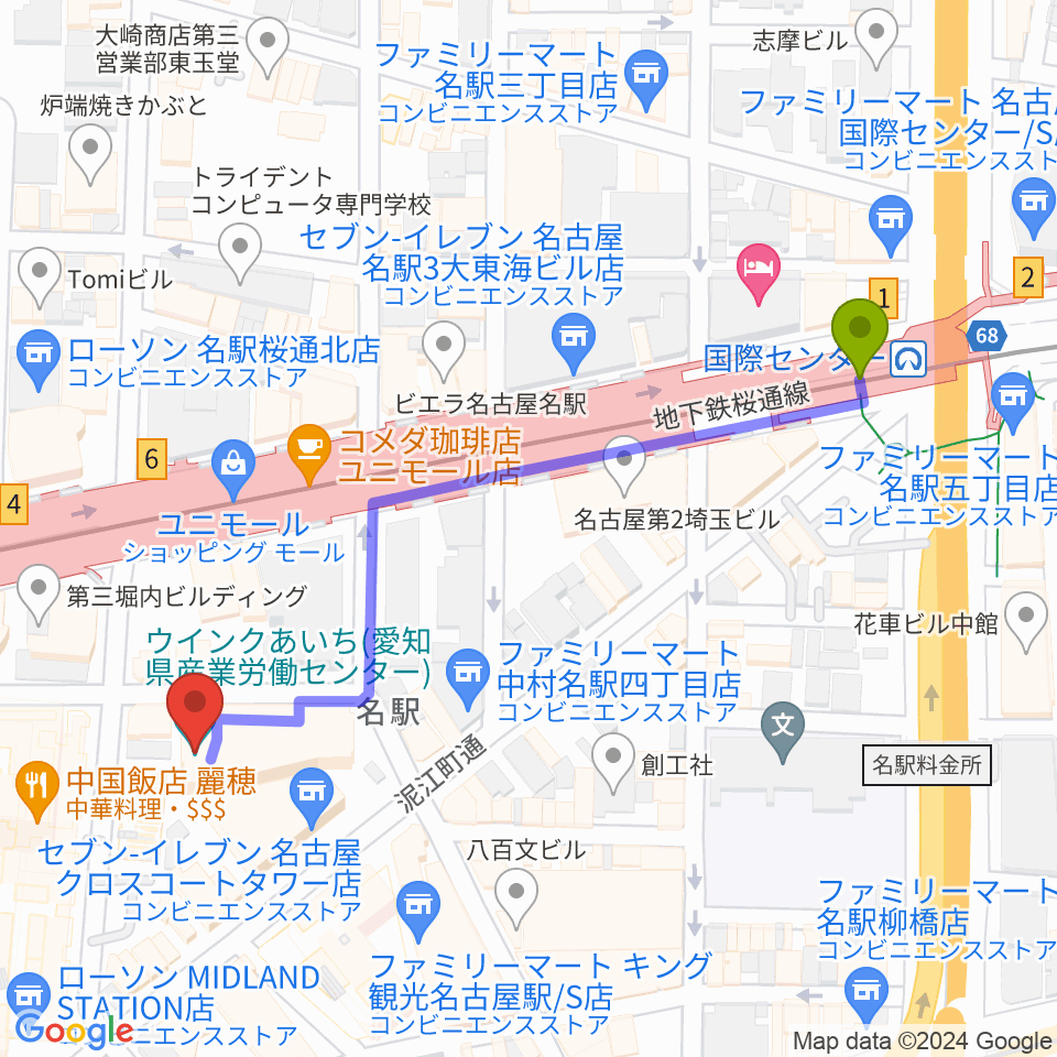 ウインクあいちの最寄駅国際センター駅からの徒歩ルート（約6分）地図