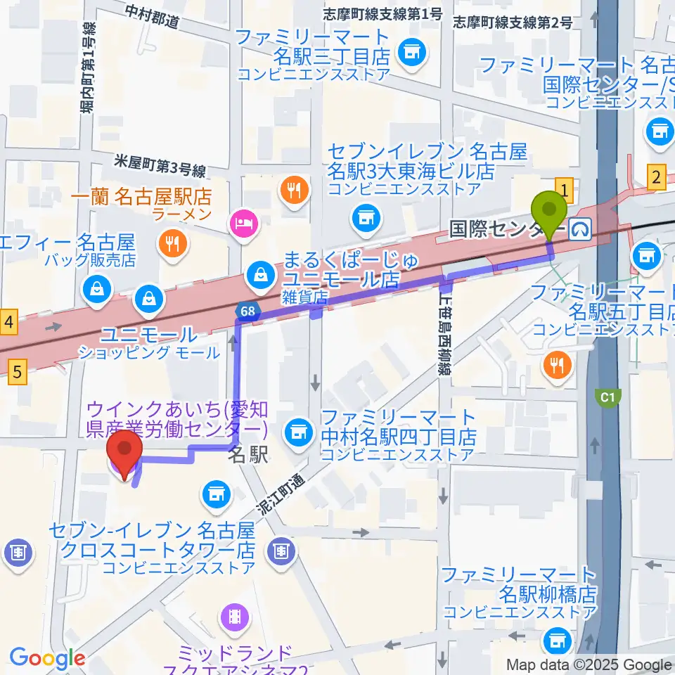 ウインクあいちの最寄駅国際センター駅からの徒歩ルート（約6分）地図