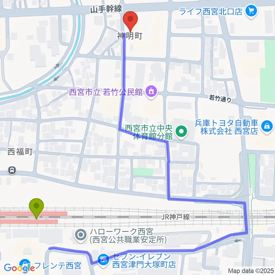 ピアノワークスの最寄駅西宮駅からの徒歩ルート（約6分）地図