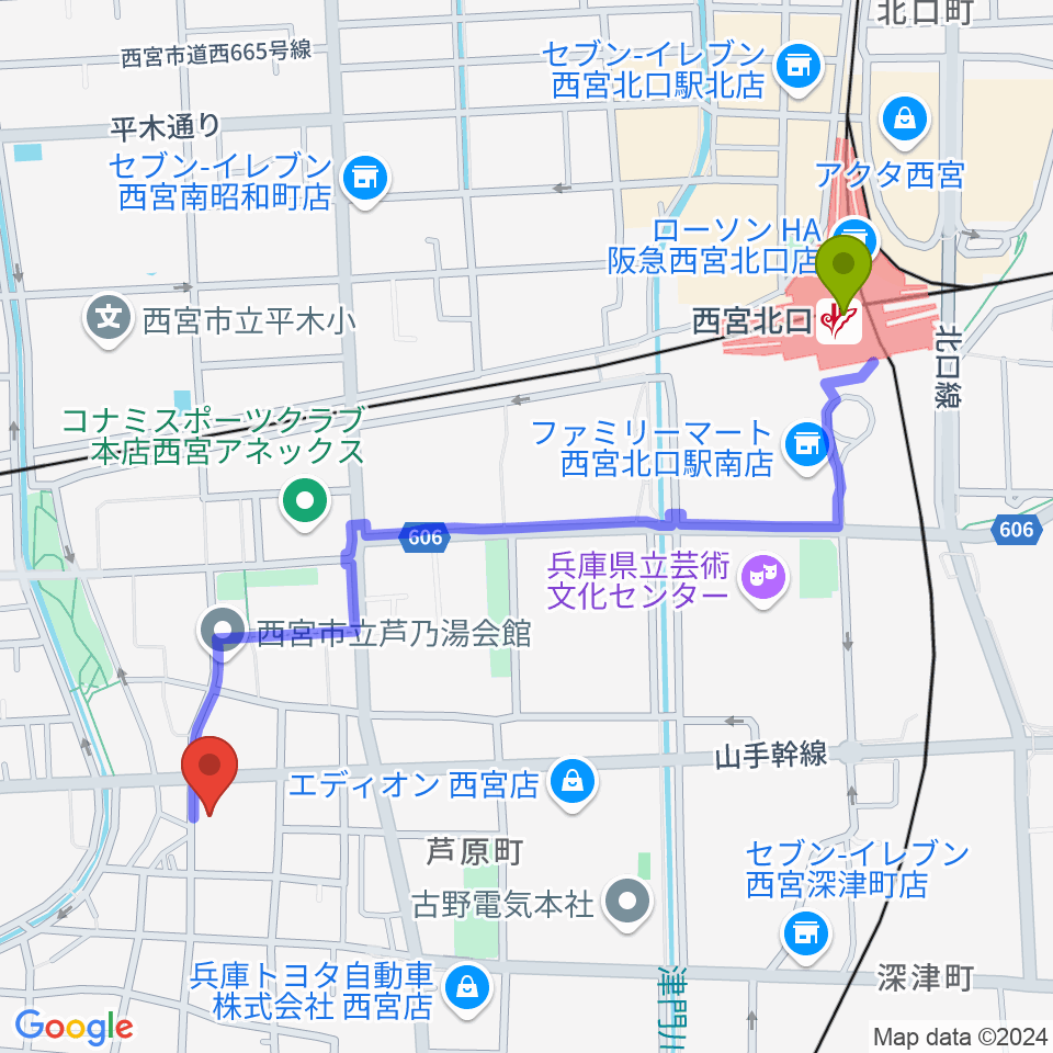 西宮北口駅からトップピアノへのルートマップ地図