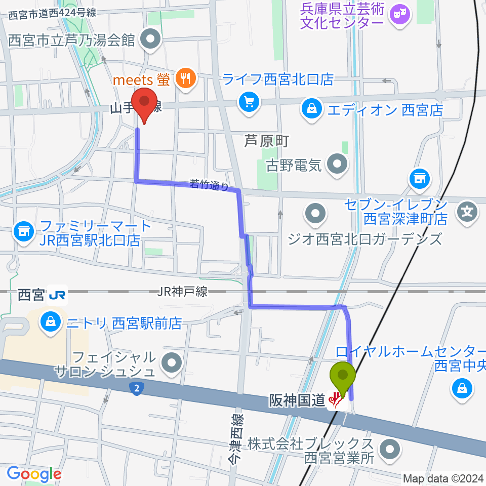 阪神国道駅からトップピアノへのルートマップ地図