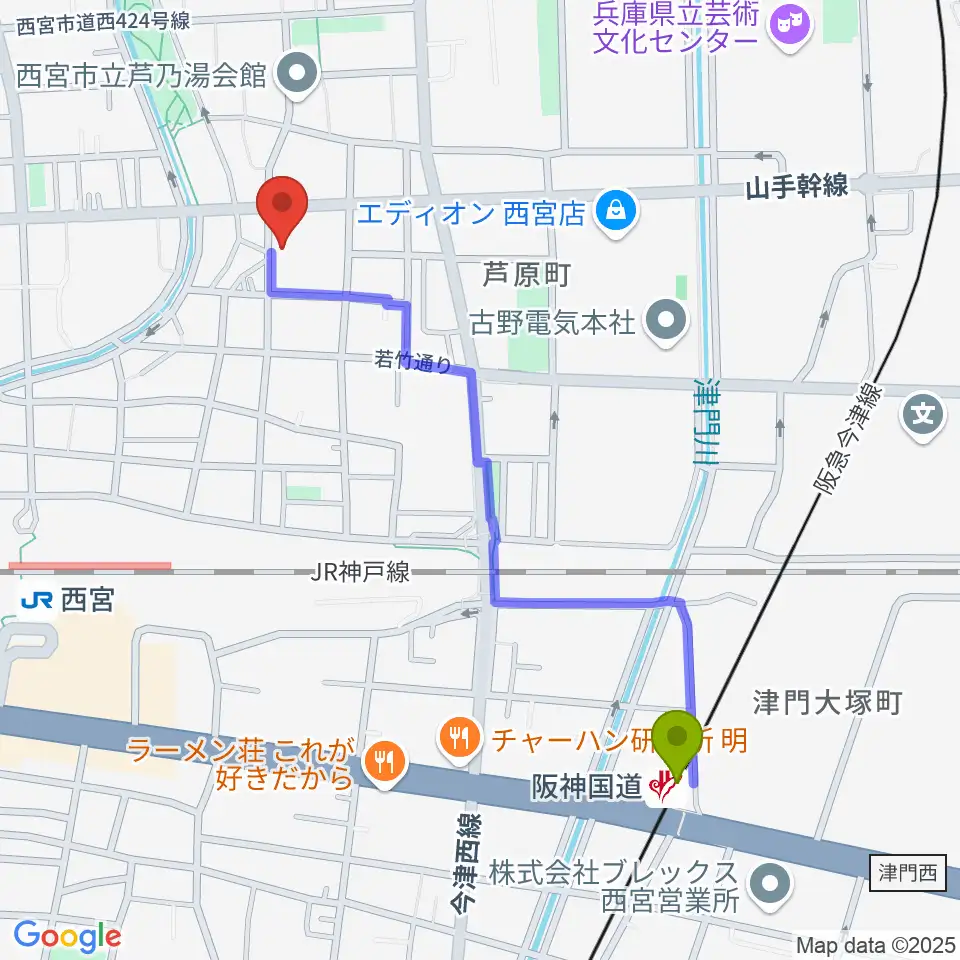 阪神国道駅からピアノワークスへのルートマップ地図