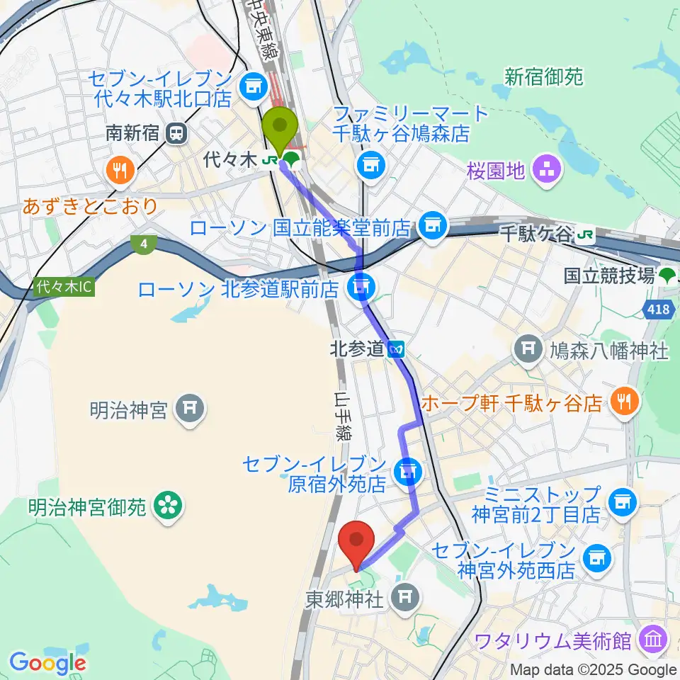 代々木駅からアコスタディオへのルートマップ地図