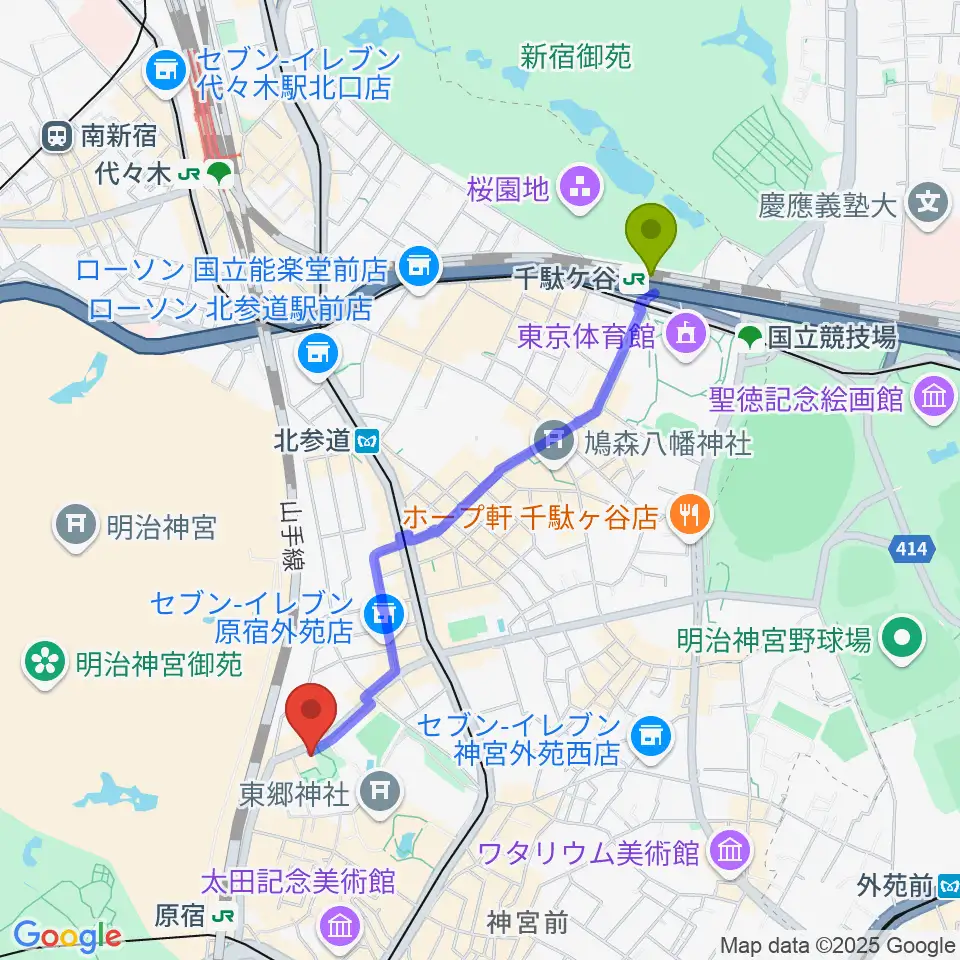 千駄ケ谷駅からアコスタディオへのルートマップ地図