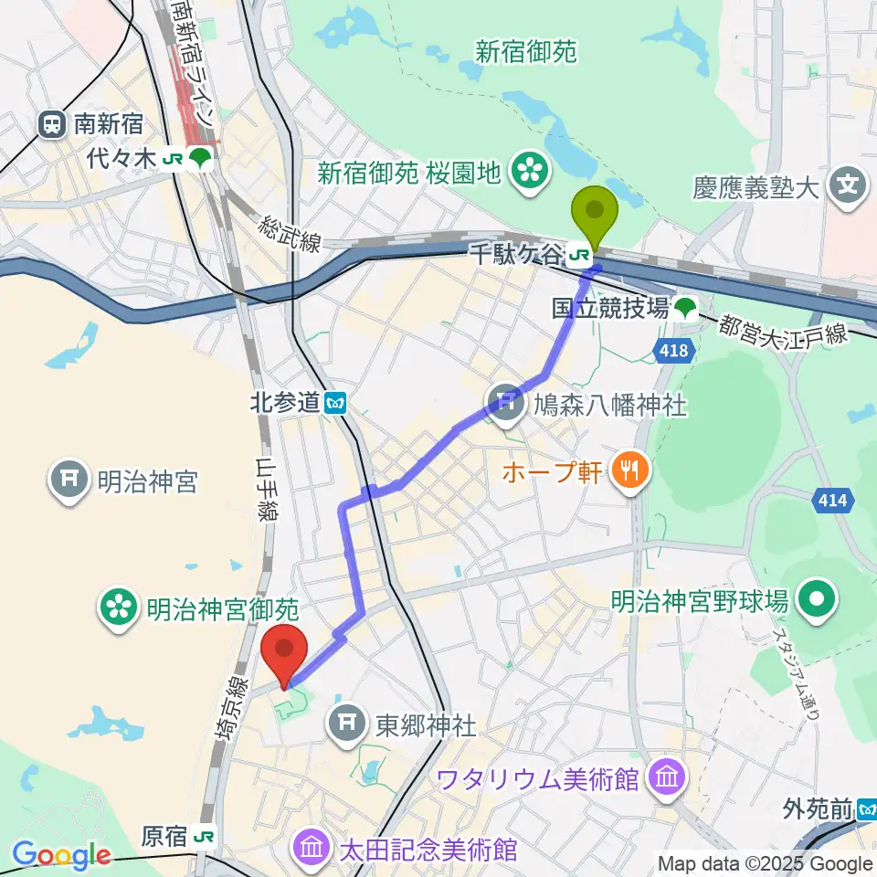 千駄ケ谷駅からアコスタディオへのルートマップ地図