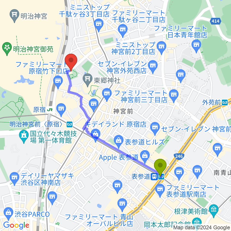 表参道駅からアコスタディオへのルートマップ地図