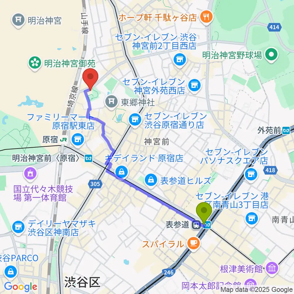 表参道駅からアコスタディオへのルートマップ地図