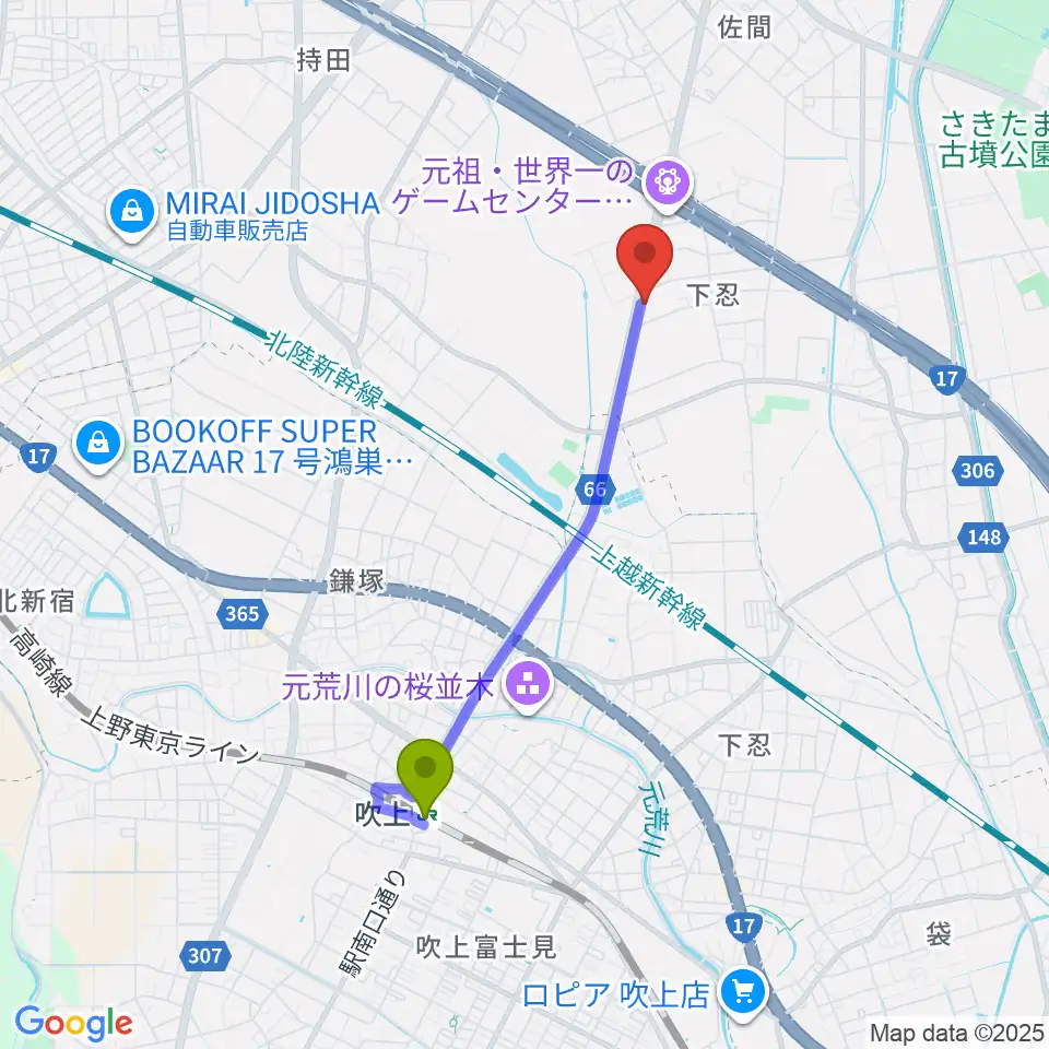 ビートハウス1193の最寄駅吹上駅からの徒歩ルート（約33分）地図