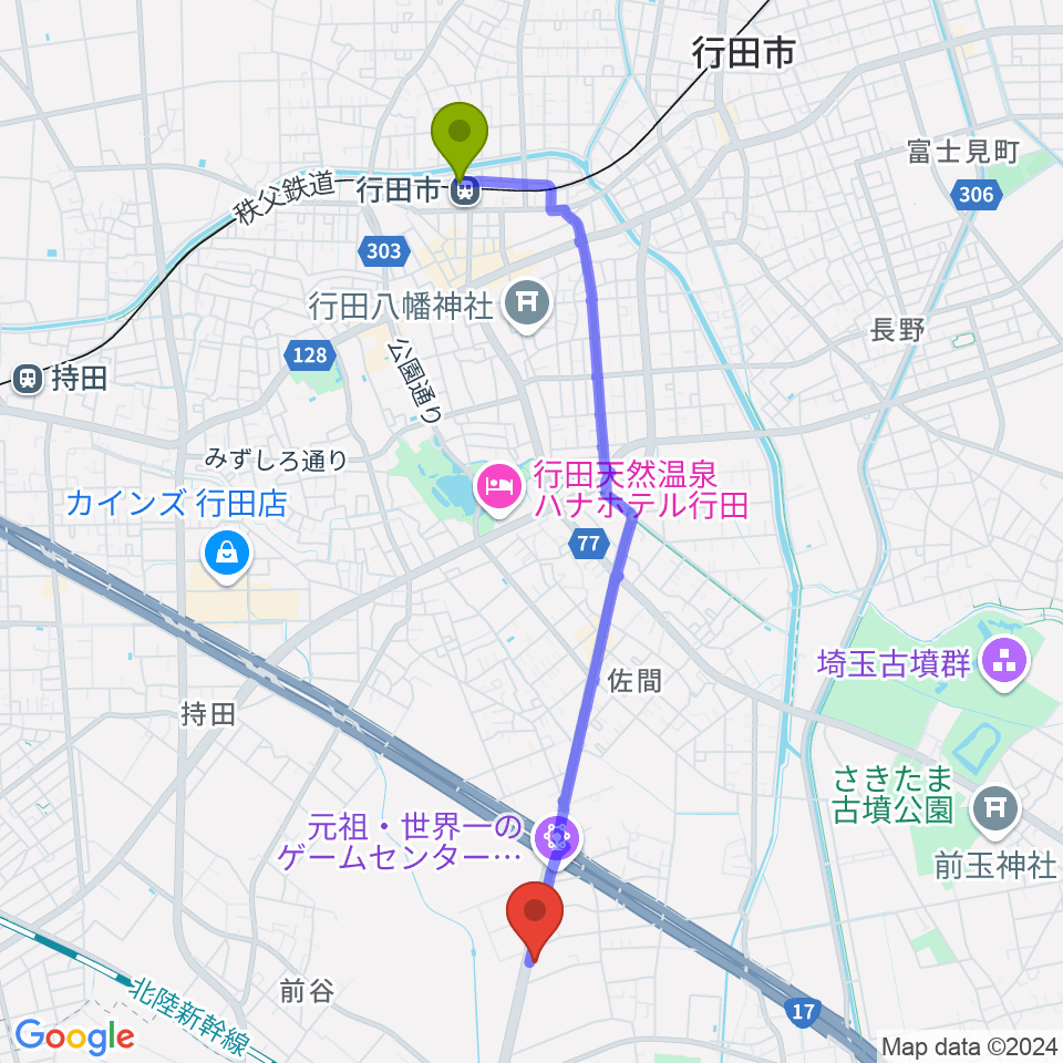 行田市駅からビートハウス1193へのルートマップ地図