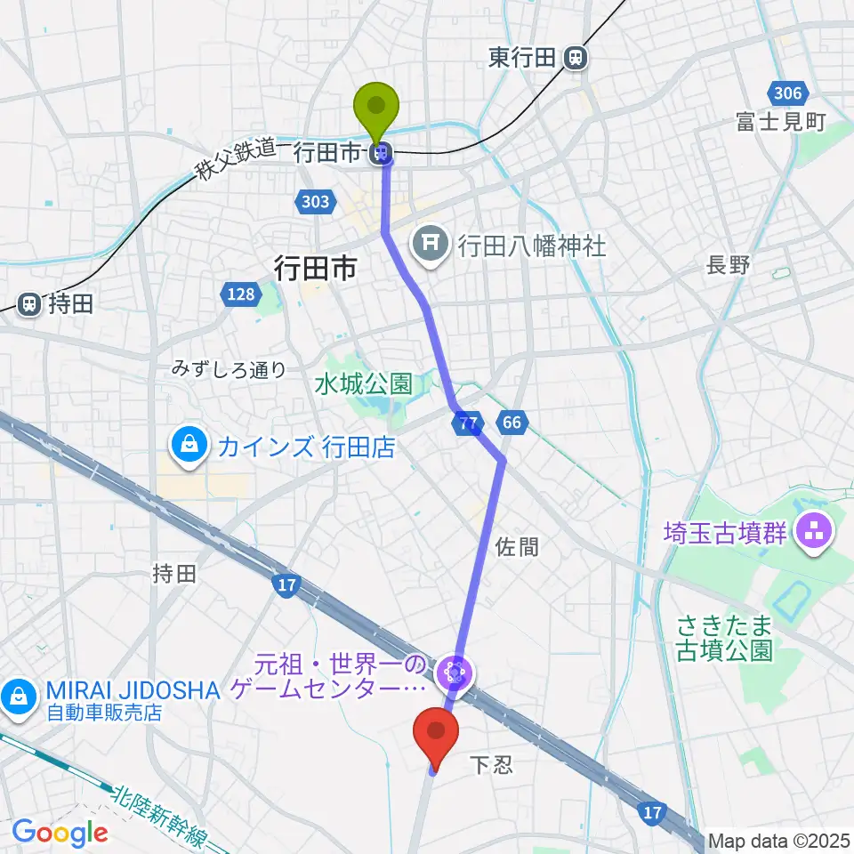 行田市駅からビートハウス1193へのルートマップ地図