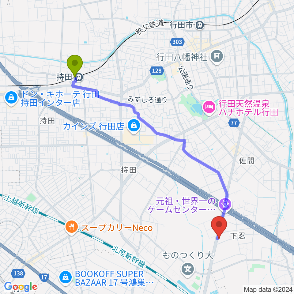 持田駅からビートハウス1193へのルートマップ地図