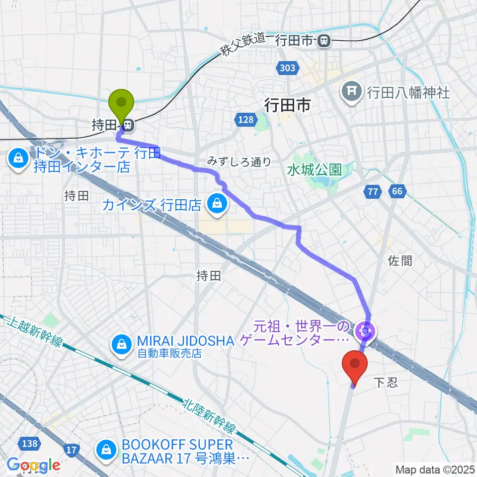 持田駅からビートハウス1193へのルートマップ地図