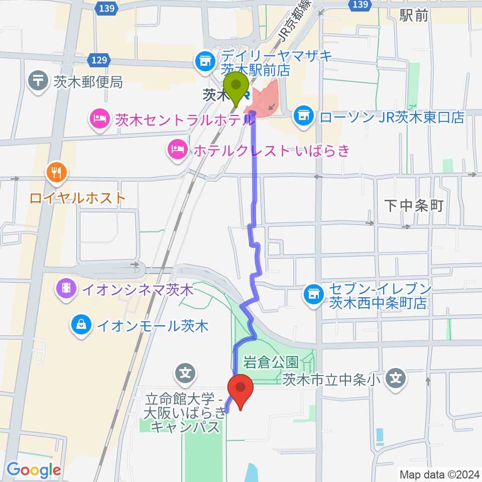 立命館いばらきフューチャープラザの最寄駅茨木駅からの徒歩ルート（約10分）地図