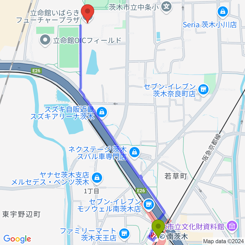 南茨木駅から立命館いばらきフューチャープラザへのルートマップ地図