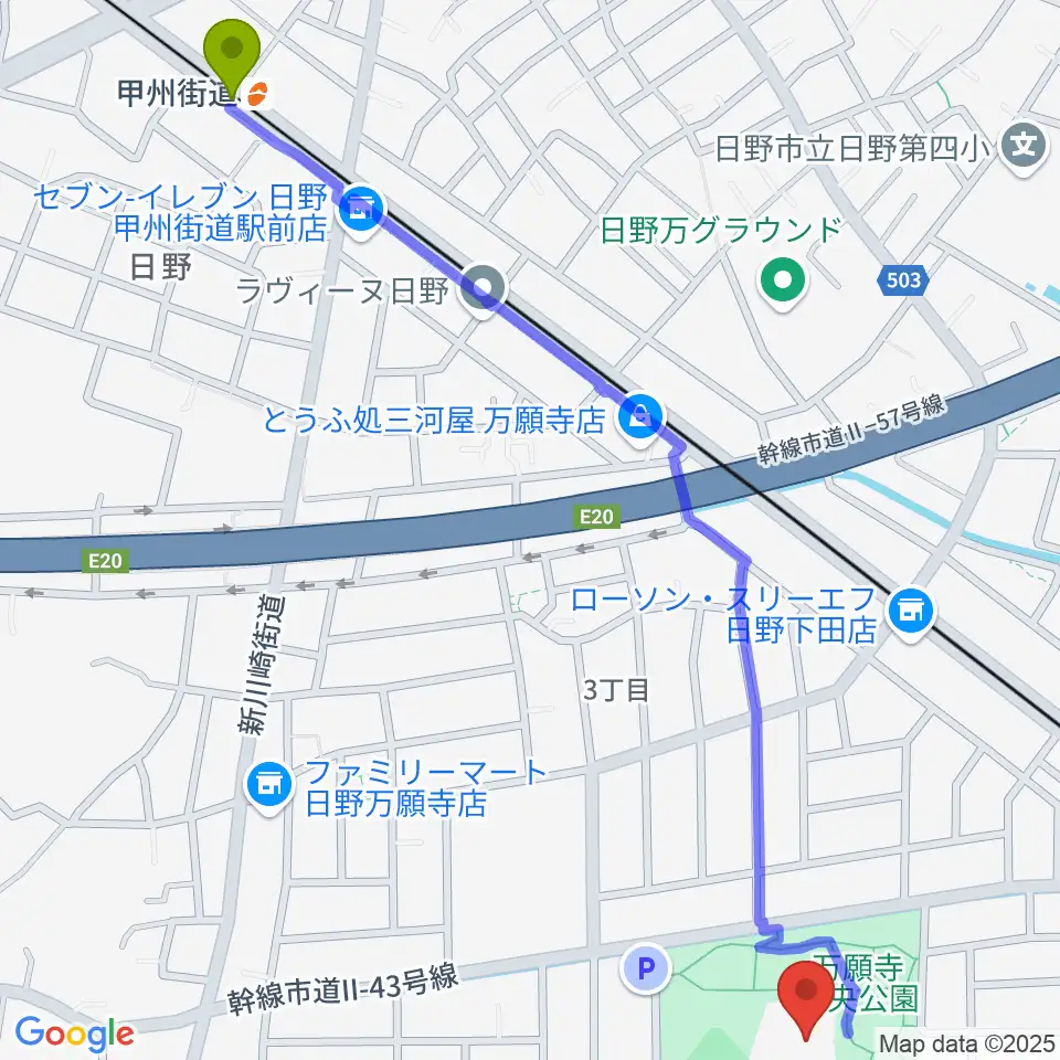 甲州街道駅から安養寺本堂・客殿地下ホールへのルートマップ地図
