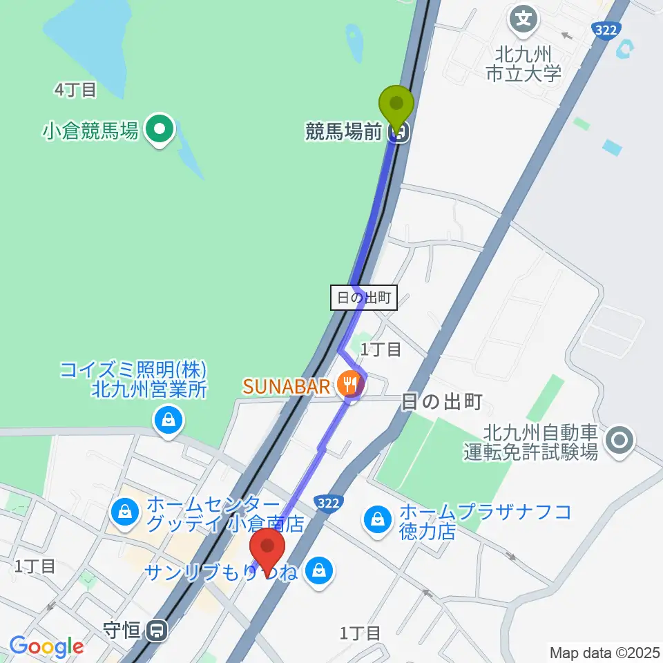 競馬場前駅から88ネルソンへのルートマップ地図